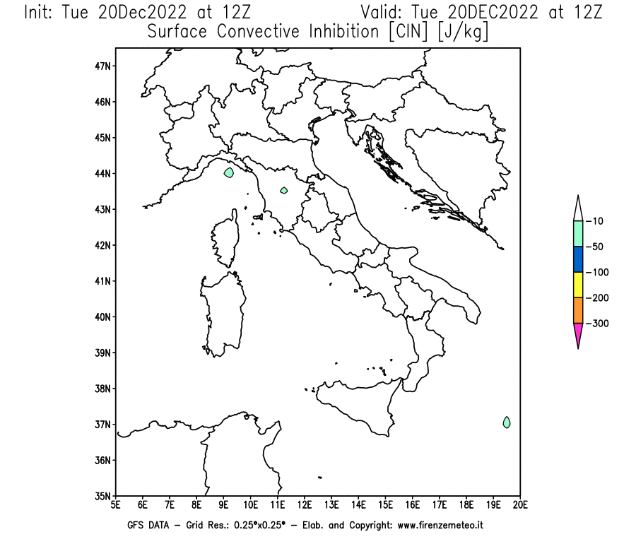 Mappa di analisi GFS - CIN [J/kg] in Italia
							del 20/12/2022 12 <!--googleoff: index-->UTC<!--googleon: index-->