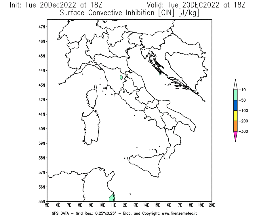 Mappa di analisi GFS - CIN [J/kg] in Italia
							del 20/12/2022 18 <!--googleoff: index-->UTC<!--googleon: index-->