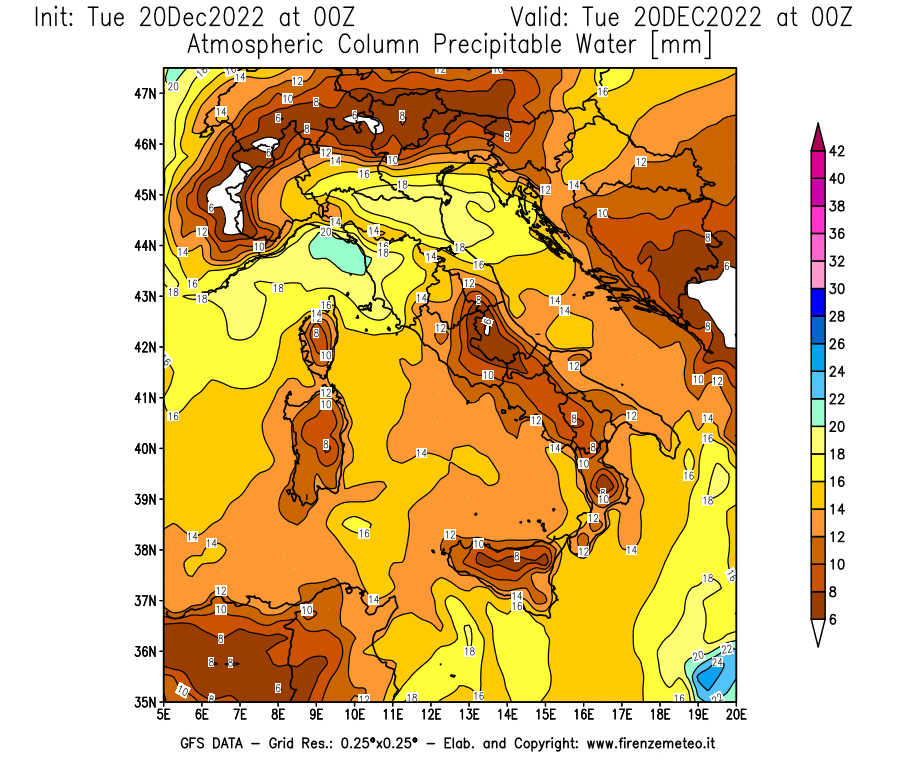 Mappa di analisi GFS - Precipitable Water [mm] in Italia
							del 20/12/2022 00 <!--googleoff: index-->UTC<!--googleon: index-->