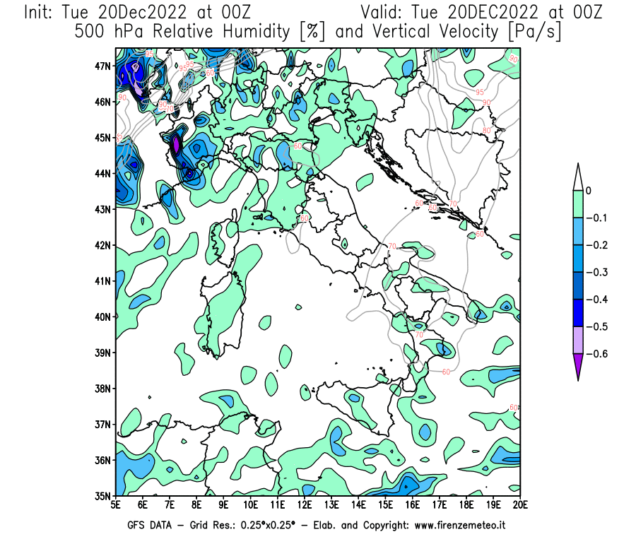 Mappa di analisi GFS - Umidità relativa [%] e Omega [Pa/s] a 500 hPa in Italia
							del 20/12/2022 00 <!--googleoff: index-->UTC<!--googleon: index-->