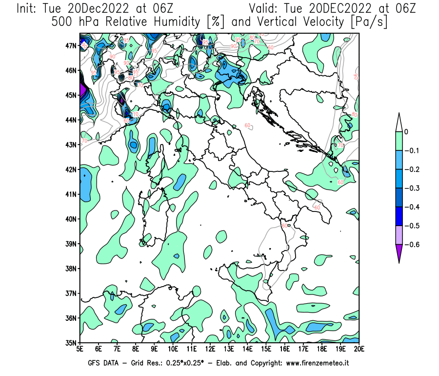 Mappa di analisi GFS - Umidità relativa [%] e Omega [Pa/s] a 500 hPa in Italia
							del 20/12/2022 06 <!--googleoff: index-->UTC<!--googleon: index-->