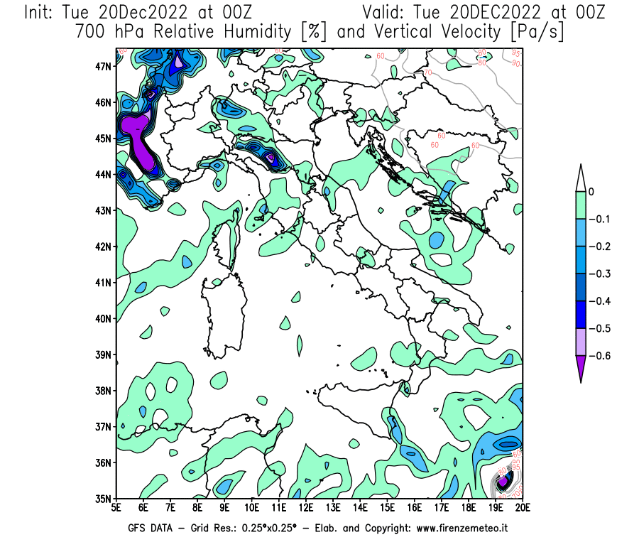 Mappa di analisi GFS - Umidità relativa [%] e Omega [Pa/s] a 700 hPa in Italia
							del 20/12/2022 00 <!--googleoff: index-->UTC<!--googleon: index-->