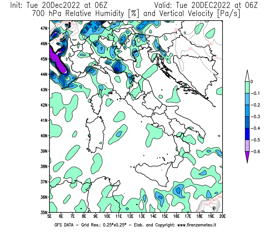 Mappa di analisi GFS - Umidità relativa [%] e Omega [Pa/s] a 700 hPa in Italia
							del 20/12/2022 06 <!--googleoff: index-->UTC<!--googleon: index-->