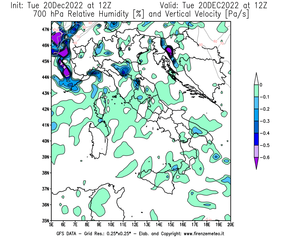 Mappa di analisi GFS - Umidità relativa [%] e Omega [Pa/s] a 700 hPa in Italia
							del 20/12/2022 12 <!--googleoff: index-->UTC<!--googleon: index-->