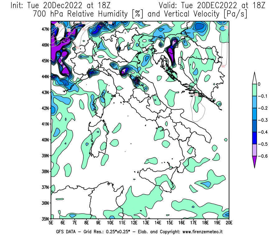 Mappa di analisi GFS - Umidità relativa [%] e Omega [Pa/s] a 700 hPa in Italia
							del 20/12/2022 18 <!--googleoff: index-->UTC<!--googleon: index-->