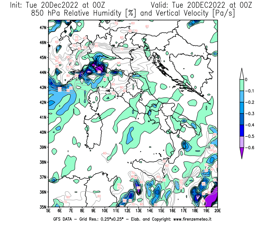 Mappa di analisi GFS - Umidità relativa [%] e Omega [Pa/s] a 850 hPa in Italia
							del 20/12/2022 00 <!--googleoff: index-->UTC<!--googleon: index-->