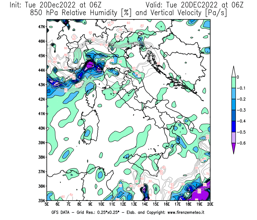 Mappa di analisi GFS - Umidità relativa [%] e Omega [Pa/s] a 850 hPa in Italia
							del 20/12/2022 06 <!--googleoff: index-->UTC<!--googleon: index-->