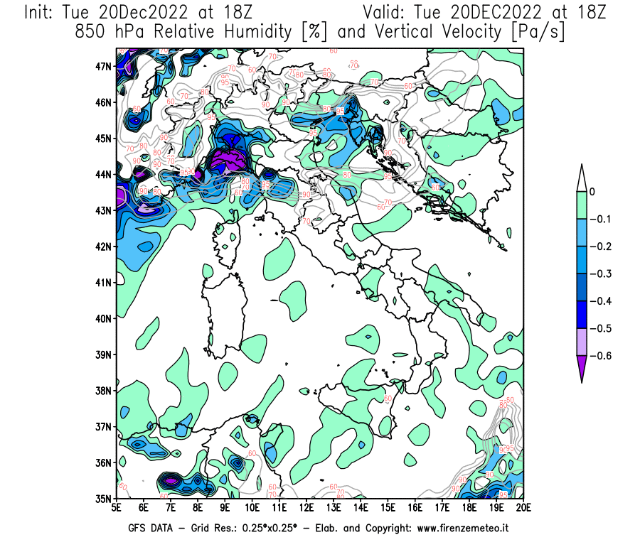 Mappa di analisi GFS - Umidità relativa [%] e Omega [Pa/s] a 850 hPa in Italia
							del 20/12/2022 18 <!--googleoff: index-->UTC<!--googleon: index-->