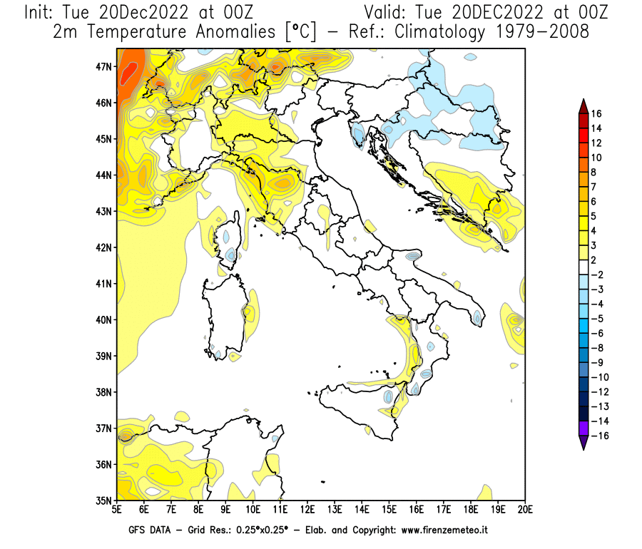 Mappa di analisi GFS - Anomalia Temperatura [°C] a 2 m in Italia
							del 20/12/2022 00 <!--googleoff: index-->UTC<!--googleon: index-->
