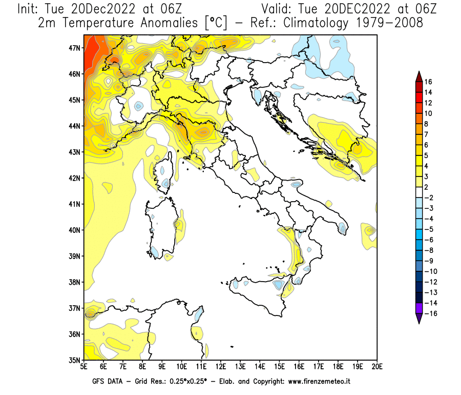 Mappa di analisi GFS - Anomalia Temperatura [°C] a 2 m in Italia
							del 20/12/2022 06 <!--googleoff: index-->UTC<!--googleon: index-->