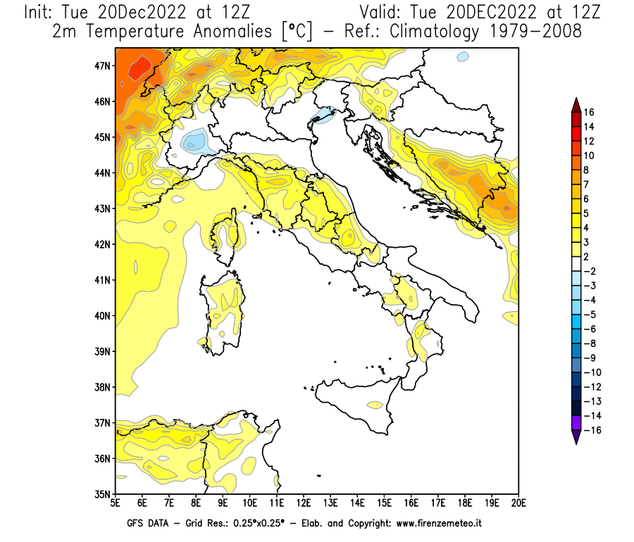 Mappa di analisi GFS - Anomalia Temperatura [°C] a 2 m in Italia
							del 20/12/2022 12 <!--googleoff: index-->UTC<!--googleon: index-->