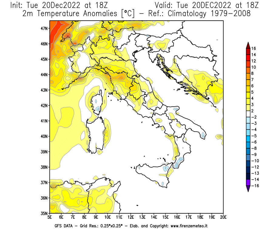 Mappa di analisi GFS - Anomalia Temperatura [°C] a 2 m in Italia
							del 20/12/2022 18 <!--googleoff: index-->UTC<!--googleon: index-->
