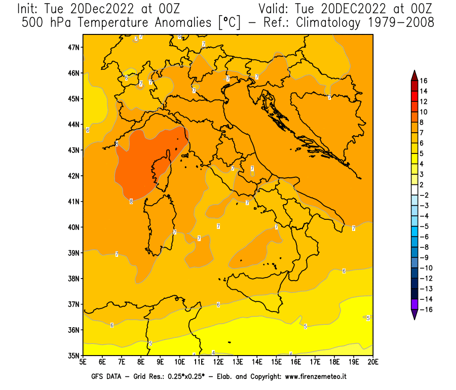 Mappa di analisi GFS - Anomalia Temperatura [°C] a 500 hPa in Italia
							del 20/12/2022 00 <!--googleoff: index-->UTC<!--googleon: index-->
