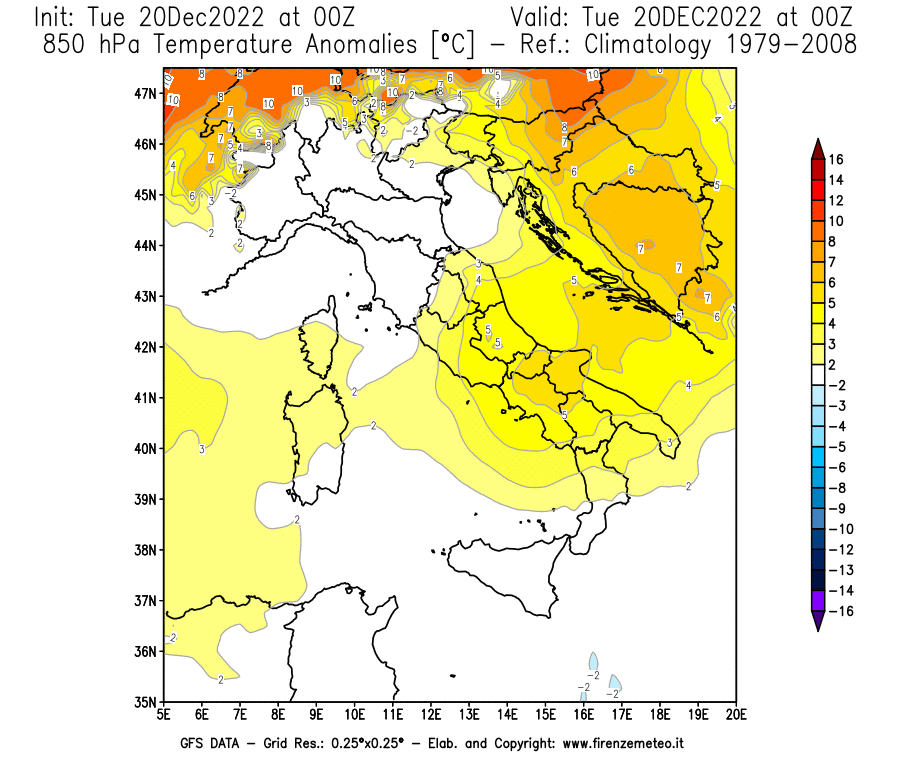 Mappa di analisi GFS - Anomalia Temperatura [°C] a 850 hPa in Italia
							del 20/12/2022 00 <!--googleoff: index-->UTC<!--googleon: index-->
