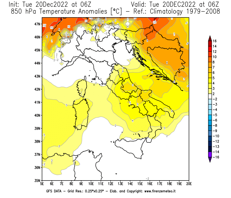 Mappa di analisi GFS - Anomalia Temperatura [°C] a 850 hPa in Italia
							del 20/12/2022 06 <!--googleoff: index-->UTC<!--googleon: index-->