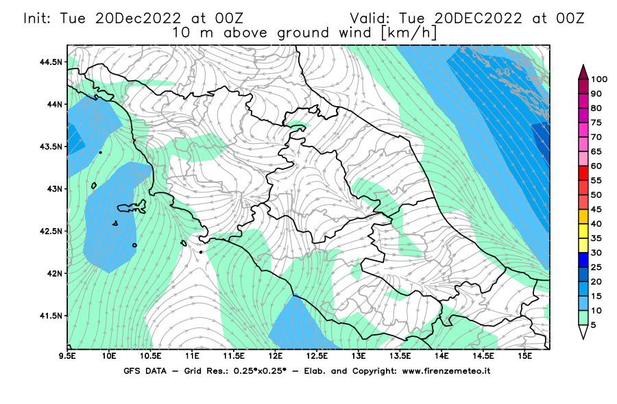 Mappa di analisi GFS - Velocità del vento a 10 metri dal suolo [km/h] in Centro-Italia
							del 20/12/2022 00 <!--googleoff: index-->UTC<!--googleon: index-->