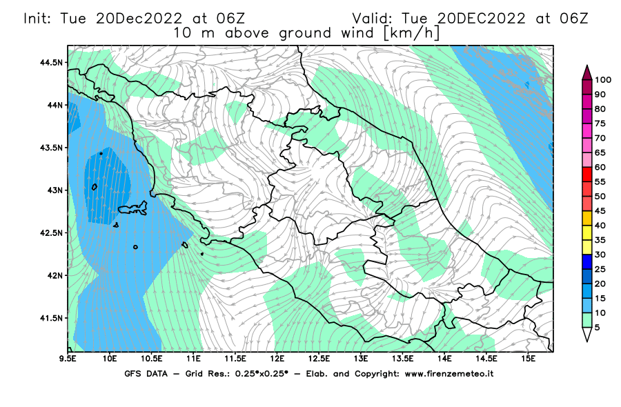 Mappa di analisi GFS - Velocità del vento a 10 metri dal suolo [km/h] in Centro-Italia
							del 20/12/2022 06 <!--googleoff: index-->UTC<!--googleon: index-->