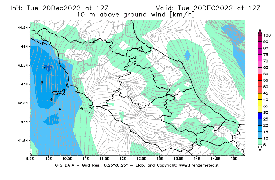 Mappa di analisi GFS - Velocità del vento a 10 metri dal suolo [km/h] in Centro-Italia
							del 20/12/2022 12 <!--googleoff: index-->UTC<!--googleon: index-->