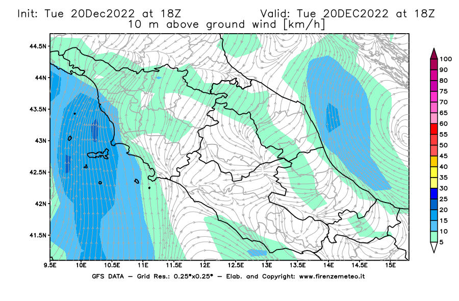 Mappa di analisi GFS - Velocità del vento a 10 metri dal suolo [km/h] in Centro-Italia
							del 20/12/2022 18 <!--googleoff: index-->UTC<!--googleon: index-->