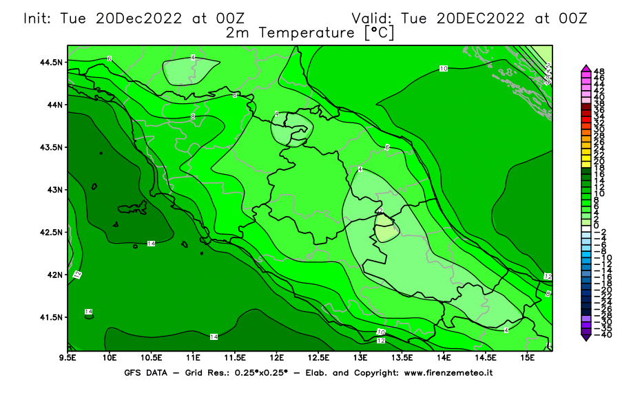 Mappa di analisi GFS - Temperatura a 2 metri dal suolo [°C] in Centro-Italia
							del 20/12/2022 00 <!--googleoff: index-->UTC<!--googleon: index-->
