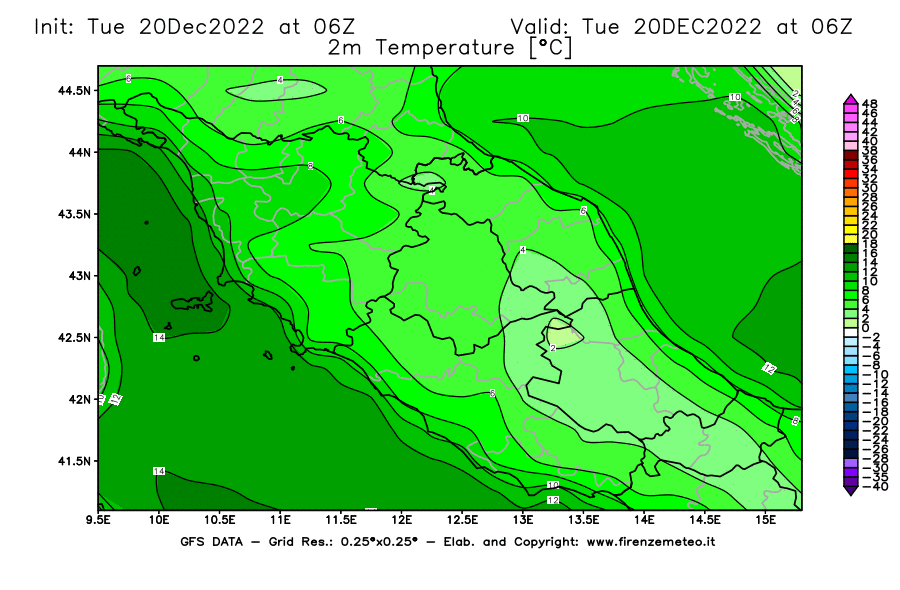Mappa di analisi GFS - Temperatura a 2 metri dal suolo [°C] in Centro-Italia
							del 20/12/2022 06 <!--googleoff: index-->UTC<!--googleon: index-->