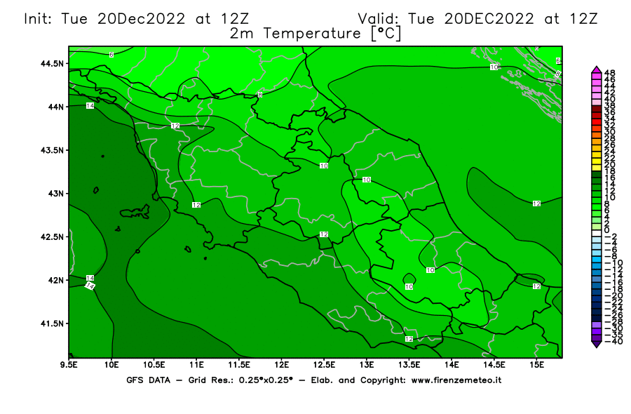 Mappa di analisi GFS - Temperatura a 2 metri dal suolo [°C] in Centro-Italia
							del 20/12/2022 12 <!--googleoff: index-->UTC<!--googleon: index-->