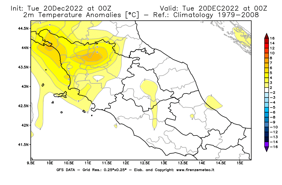 Mappa di analisi GFS - Anomalia Temperatura [°C] a 2 m in Centro-Italia
							del 20/12/2022 00 <!--googleoff: index-->UTC<!--googleon: index-->