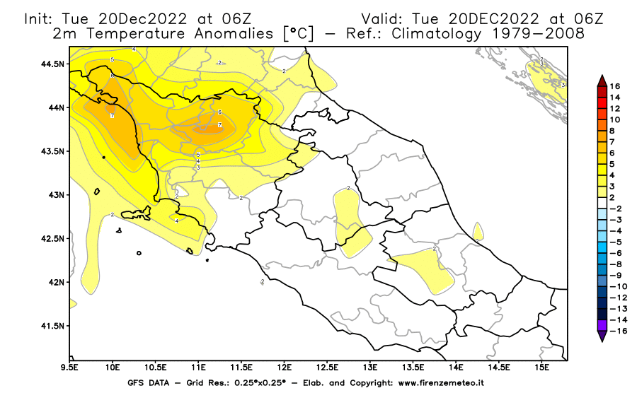 Mappa di analisi GFS - Anomalia Temperatura [°C] a 2 m in Centro-Italia
							del 20/12/2022 06 <!--googleoff: index-->UTC<!--googleon: index-->
