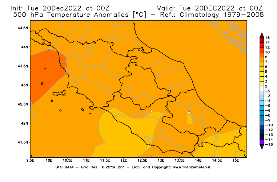 Mappa di analisi GFS - Anomalia Temperatura [°C] a 500 hPa in Centro-Italia
							del 20/12/2022 00 <!--googleoff: index-->UTC<!--googleon: index-->