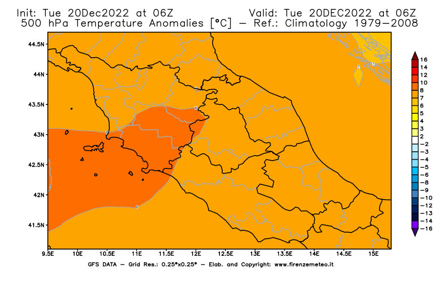 Mappa di analisi GFS - Anomalia Temperatura [°C] a 500 hPa in Centro-Italia
							del 20/12/2022 06 <!--googleoff: index-->UTC<!--googleon: index-->