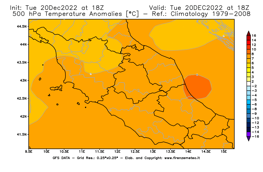 Mappa di analisi GFS - Anomalia Temperatura [°C] a 500 hPa in Centro-Italia
							del 20/12/2022 18 <!--googleoff: index-->UTC<!--googleon: index-->