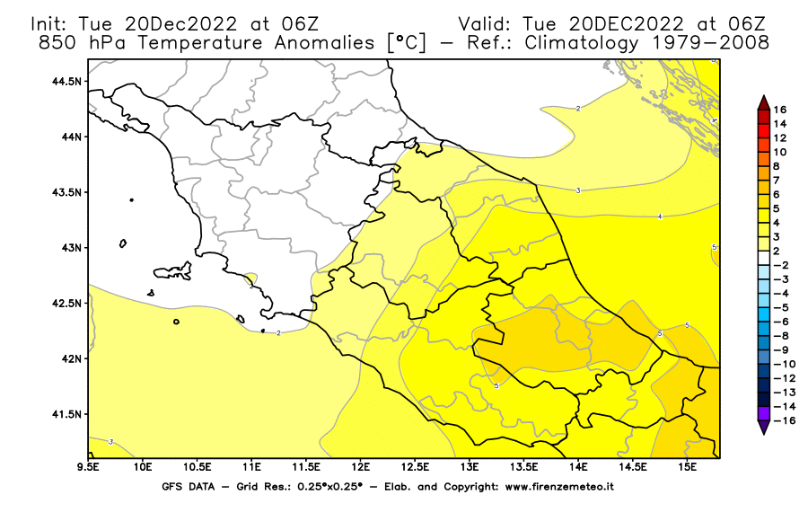 Mappa di analisi GFS - Anomalia Temperatura [°C] a 850 hPa in Centro-Italia
							del 20/12/2022 06 <!--googleoff: index-->UTC<!--googleon: index-->