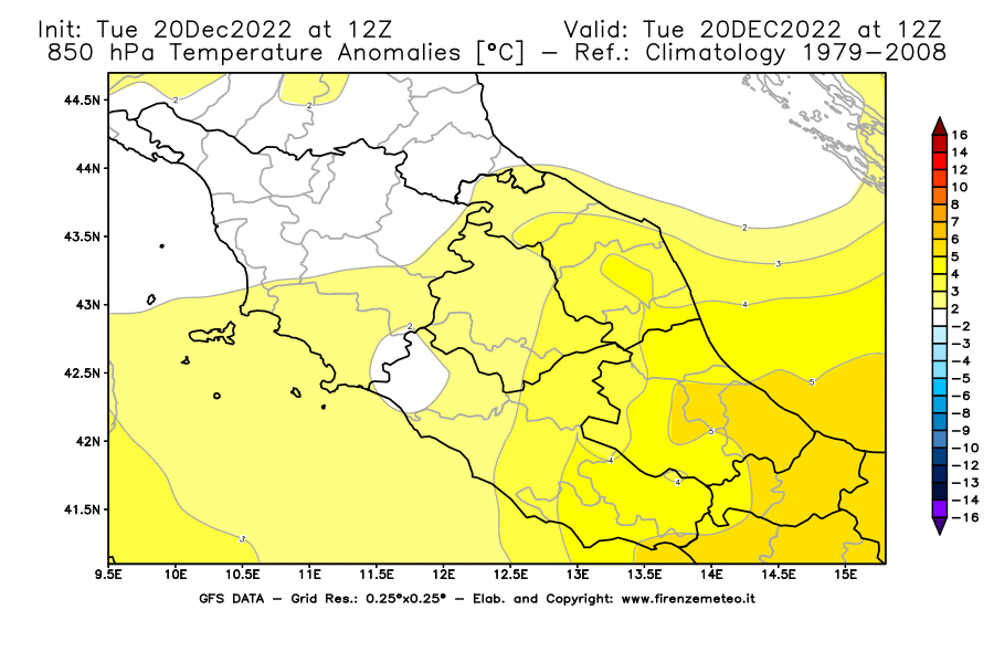 Mappa di analisi GFS - Anomalia Temperatura [°C] a 850 hPa in Centro-Italia
							del 20/12/2022 12 <!--googleoff: index-->UTC<!--googleon: index-->