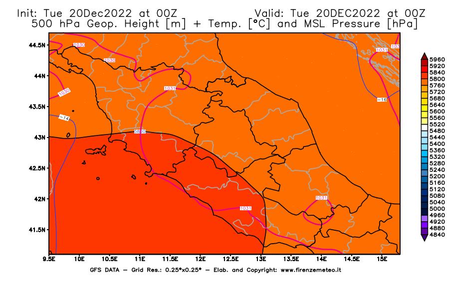 Mappa di analisi GFS - Geopotenziale [m] + Temp. [°C] a 500 hPa + Press. a livello del mare [hPa] in Centro-Italia
							del 20/12/2022 00 <!--googleoff: index-->UTC<!--googleon: index-->