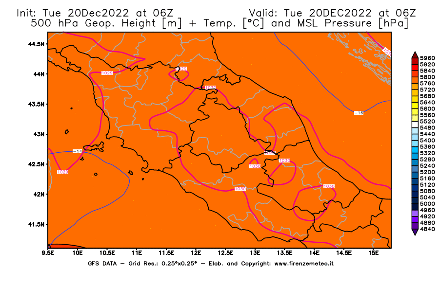 Mappa di analisi GFS - Geopotenziale [m] + Temp. [°C] a 500 hPa + Press. a livello del mare [hPa] in Centro-Italia
							del 20/12/2022 06 <!--googleoff: index-->UTC<!--googleon: index-->