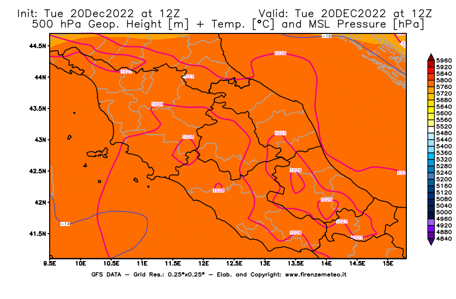 Mappa di analisi GFS - Geopotenziale [m] + Temp. [°C] a 500 hPa + Press. a livello del mare [hPa] in Centro-Italia
							del 20/12/2022 12 <!--googleoff: index-->UTC<!--googleon: index-->