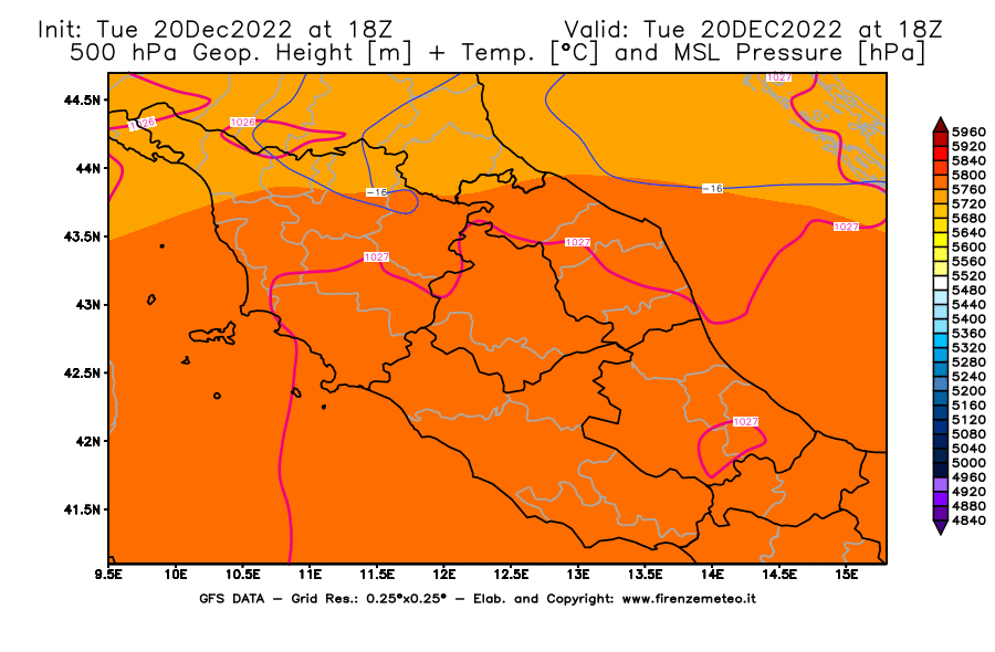 Mappa di analisi GFS - Geopotenziale [m] + Temp. [°C] a 500 hPa + Press. a livello del mare [hPa] in Centro-Italia
							del 20/12/2022 18 <!--googleoff: index-->UTC<!--googleon: index-->