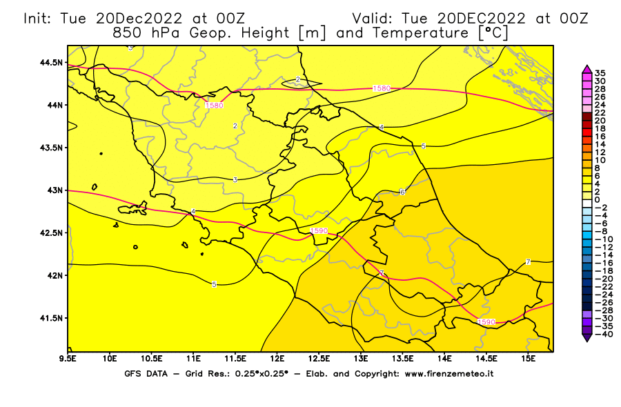 Mappa di analisi GFS - Geopotenziale [m] e Temperatura [°C] a 850 hPa in Centro-Italia
							del 20/12/2022 00 <!--googleoff: index-->UTC<!--googleon: index-->