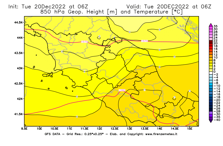 Mappa di analisi GFS - Geopotenziale [m] e Temperatura [°C] a 850 hPa in Centro-Italia
							del 20/12/2022 06 <!--googleoff: index-->UTC<!--googleon: index-->