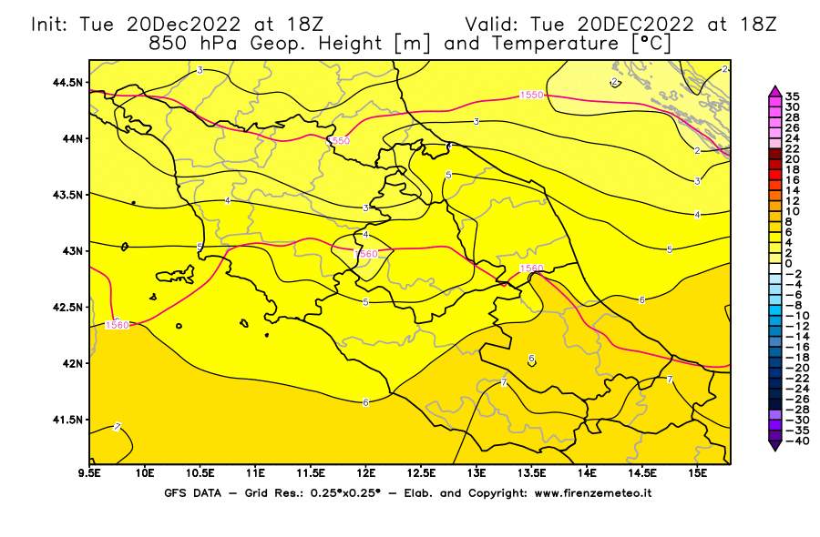 Mappa di analisi GFS - Geopotenziale [m] e Temperatura [°C] a 850 hPa in Centro-Italia
							del 20/12/2022 18 <!--googleoff: index-->UTC<!--googleon: index-->