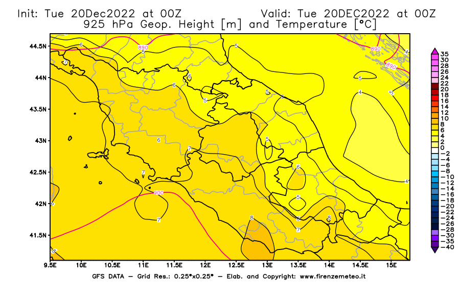 Mappa di analisi GFS - Geopotenziale [m] e Temperatura [°C] a 925 hPa in Centro-Italia
							del 20/12/2022 00 <!--googleoff: index-->UTC<!--googleon: index-->