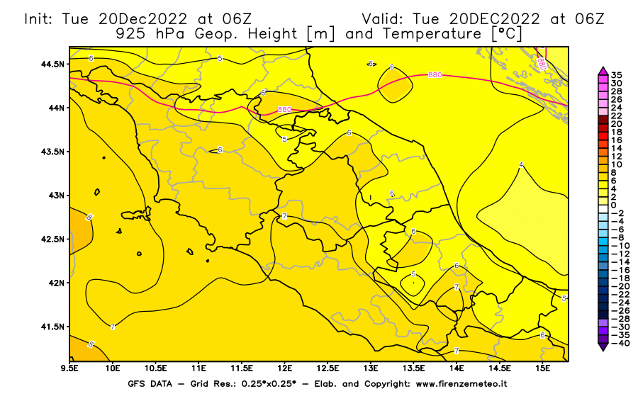 Mappa di analisi GFS - Geopotenziale [m] e Temperatura [°C] a 925 hPa in Centro-Italia
							del 20/12/2022 06 <!--googleoff: index-->UTC<!--googleon: index-->