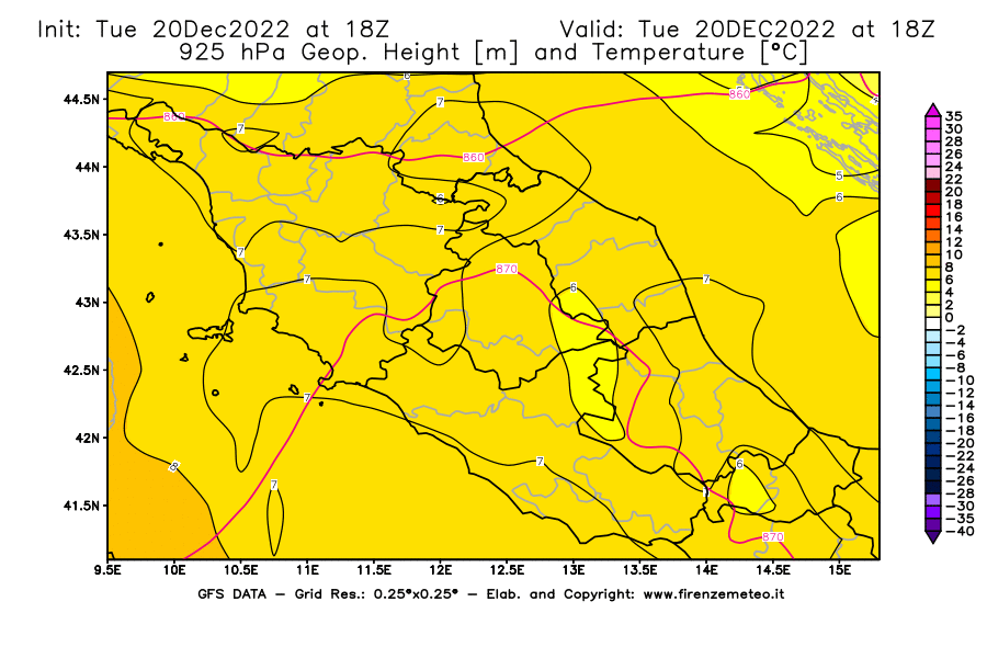 Mappa di analisi GFS - Geopotenziale [m] e Temperatura [°C] a 925 hPa in Centro-Italia
							del 20/12/2022 18 <!--googleoff: index-->UTC<!--googleon: index-->