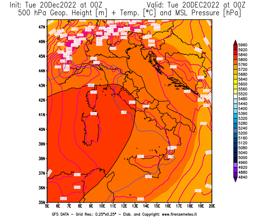 Mappa di analisi GFS - Geopotenziale [m] + Temp. [°C] a 500 hPa + Press. a livello del mare [hPa] in Italia
							del 20/12/2022 00 <!--googleoff: index-->UTC<!--googleon: index-->
