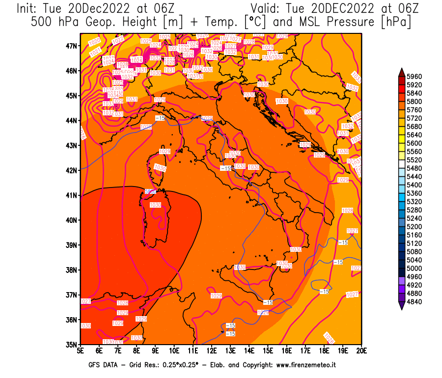 Mappa di analisi GFS - Geopotenziale [m] + Temp. [°C] a 500 hPa + Press. a livello del mare [hPa] in Italia
							del 20/12/2022 06 <!--googleoff: index-->UTC<!--googleon: index-->