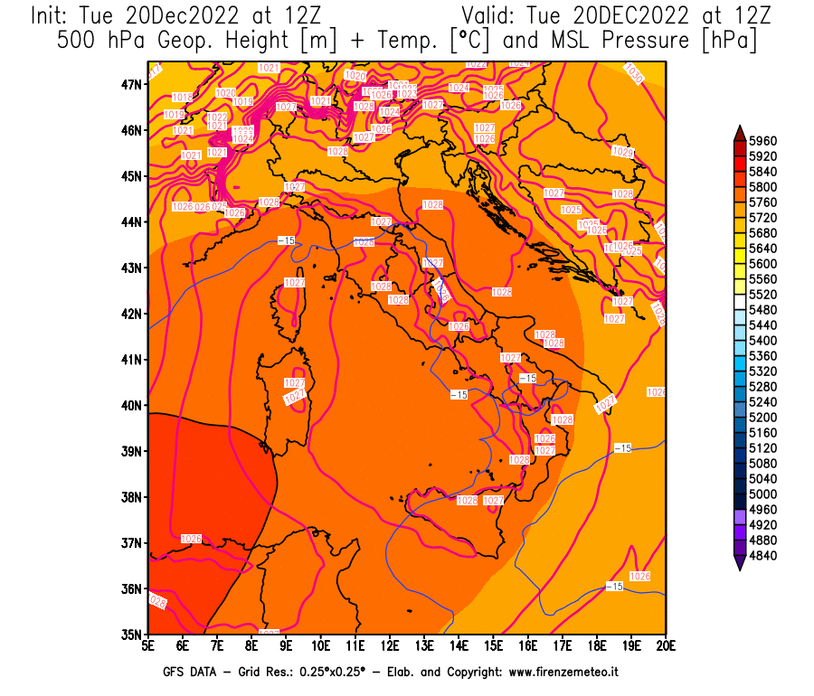 Mappa di analisi GFS - Geopotenziale [m] + Temp. [°C] a 500 hPa + Press. a livello del mare [hPa] in Italia
							del 20/12/2022 12 <!--googleoff: index-->UTC<!--googleon: index-->