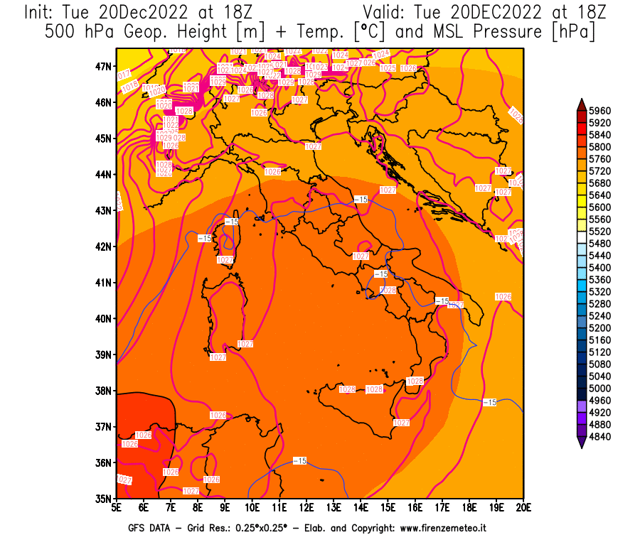 Mappa di analisi GFS - Geopotenziale [m] + Temp. [°C] a 500 hPa + Press. a livello del mare [hPa] in Italia
							del 20/12/2022 18 <!--googleoff: index-->UTC<!--googleon: index-->