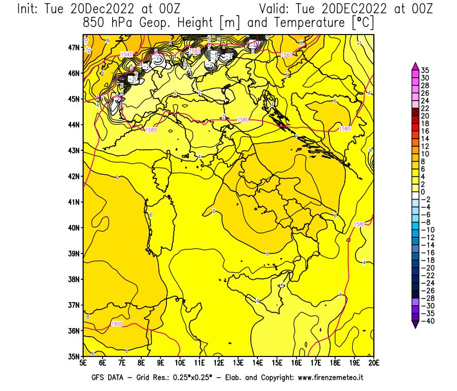 Mappa di analisi GFS - Geopotenziale [m] e Temperatura [°C] a 850 hPa in Italia
							del 20/12/2022 00 <!--googleoff: index-->UTC<!--googleon: index-->