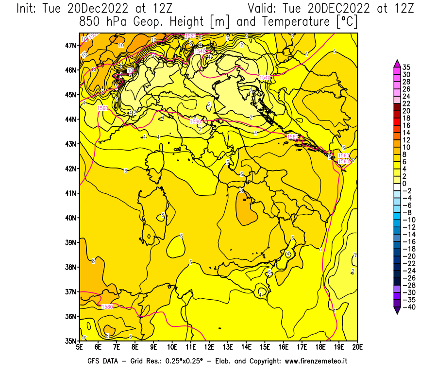 Mappa di analisi GFS - Geopotenziale [m] e Temperatura [°C] a 850 hPa in Italia
							del 20/12/2022 12 <!--googleoff: index-->UTC<!--googleon: index-->