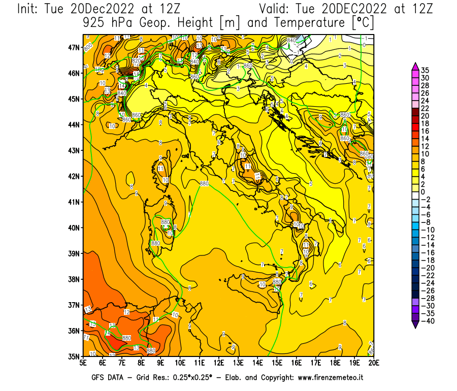 Mappa di analisi GFS - Geopotenziale [m] e Temperatura [°C] a 925 hPa in Italia
							del 20/12/2022 12 <!--googleoff: index-->UTC<!--googleon: index-->